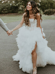 A-Line Strapless Asymmetric Appliques and Split Wedding Dress