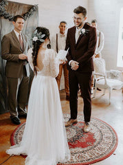 Long Sleeves Backless Lace Top A-Line Round Neck  Wedding Dress