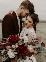 Long Sleeves Backless Lace Top A-Line Round Neck  Wedding Dress