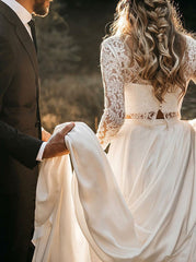 Two Piece Long Sleeves Lace Top White Chiffon Wedding Dress