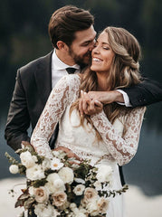 Two Piece Long Sleeves Lace Top White Chiffon Wedding Dress