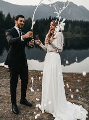 Two Piece Long Sleeves Lace Top White Chiffon Wedding Dress