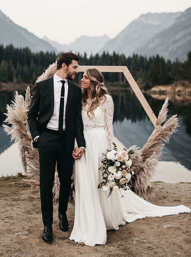 Two Piece Long Sleeves Lace Top White Chiffon Wedding Dress