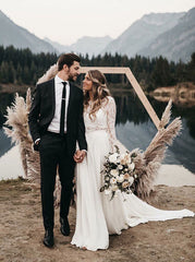 Two Piece Long Sleeves Lace Top White Chiffon Wedding Dress
