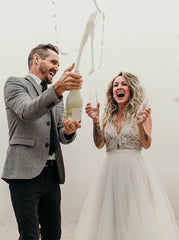 A-Line V-Neck Lace White Tulle Wedding Dress