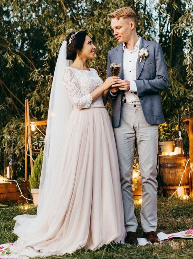 A-Line Bateau 3/4 Sleeves Lace Top Pink Tulle Wedding Dress