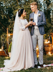 A-Line Bateau 3/4 Sleeves Lace Top Pink Tulle Wedding Dress