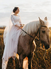 A-Line Bateau 3/4 Sleeves Lace Top Pink Tulle Wedding Dress