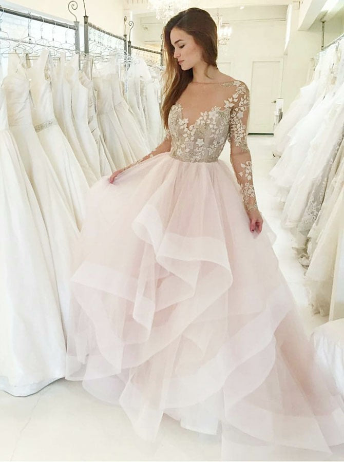 Long Sleeves Bateau Asymmetric Train Pink Wedding Dress with Appliques