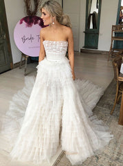 Tiered Tulle A-Line Strapless Wedding Dress with Belt