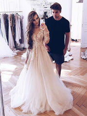 Light Champagne Tulle A-Line Illusion Long Sleeves Wedding Dress with Appliques