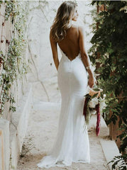 Low Cut Backless Lace Mermaid Spaghetti Straps Wedding Dress
