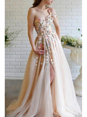 Flower Off the Shoulder V-neck A-line Long Prom Dress Evening Dress with Side Slit, OL779