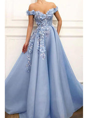 Elegant Blue Off the Shoulder Satin Flower A-line Long Prom Dresses Formal Dress, OL802
