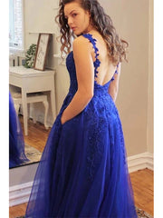 Elegant Blue Spaghetti Straps V-neck Backless Tulle A-line Long Prom Dresses, OL826