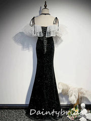 Elegant Black Spaghetti Straps Off the Shoulder Mermaid Long Prom Dresses Evening Dress, OL885