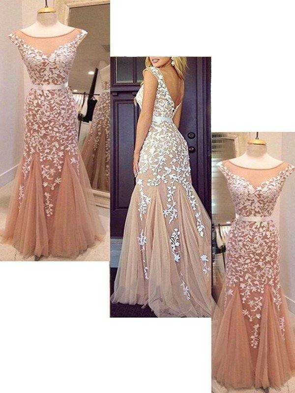 Sheath/Column Sleeveless Bateau Tulle Applique Floor-Length Dresses - RongMoon