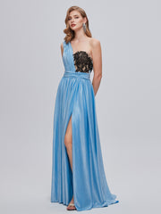Blue Ruched One Shouler Long Prom Dress With Slit