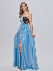 Blue Ruched One Shouler Long Prom Dress With Slit