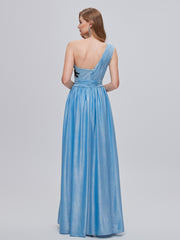 Blue Ruched One Shouler Long Prom Dress With Slit