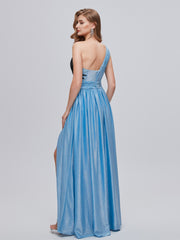Blue Ruched One Shouler Long Prom Dress With Slit