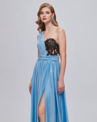 Blue Ruched One Shouler Long Prom Dress With Slit
