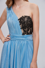 Blue Ruched One Shouler Long Prom Dress With Slit