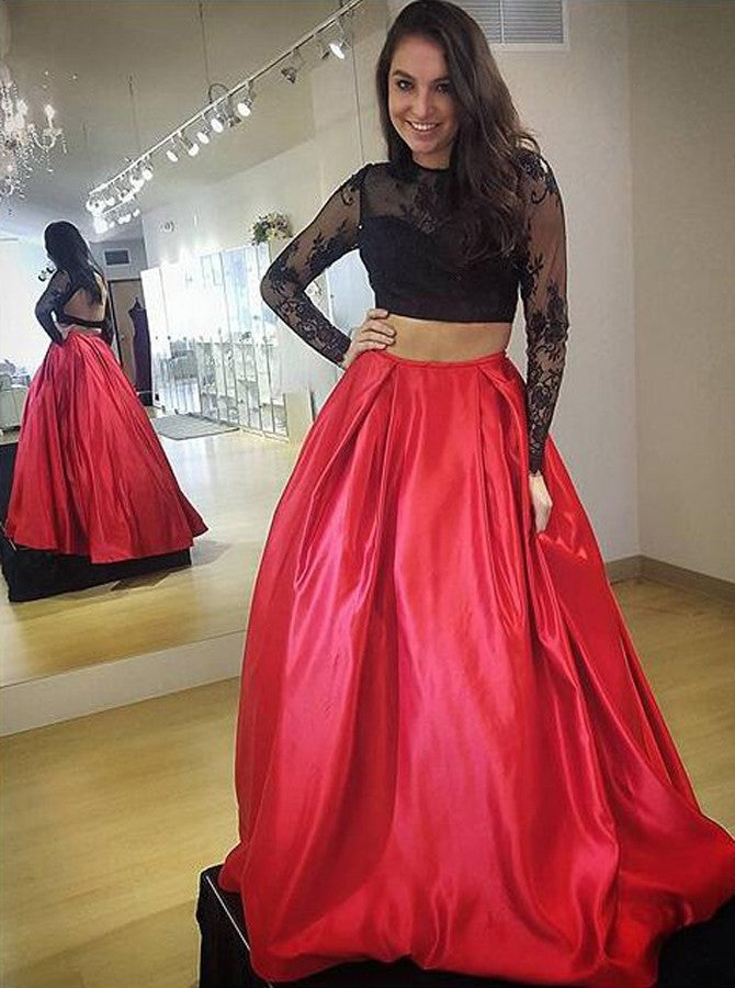 Two Piece Jewel Long Sleeves Backless Red Satin Prom Dress