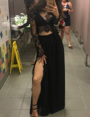 Two Piece Jewel Lace Top Long Sleeves Black Prom Dress