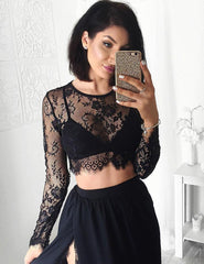 Two Piece Jewel Lace Top Long Sleeves Black Prom Dress