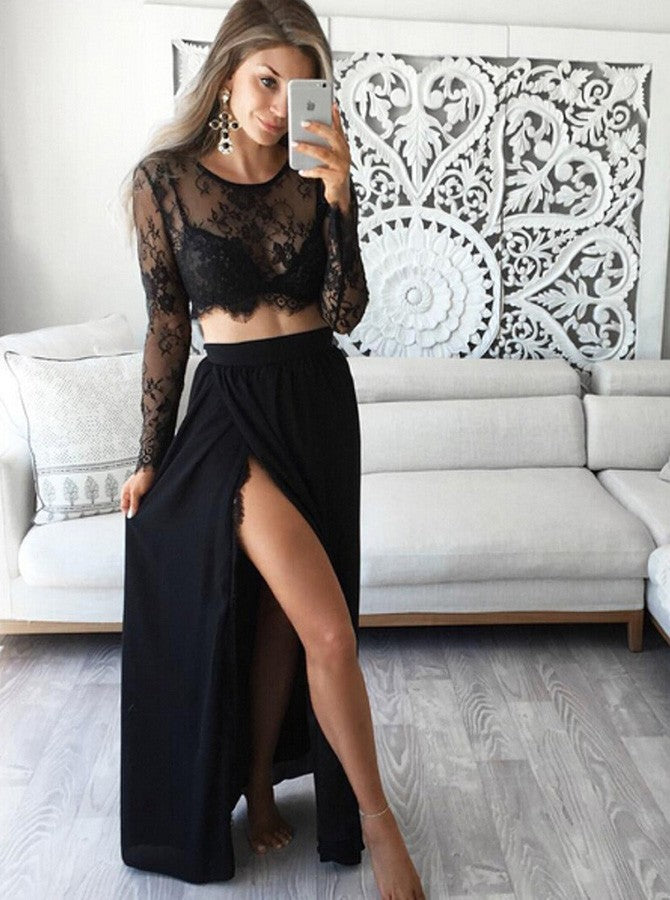 Two Piece Jewel Lace Top Long Sleeves Black Prom Dress