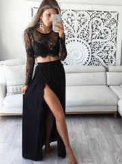 Two Piece Jewel Lace Top Long Sleeves Black Prom Dress