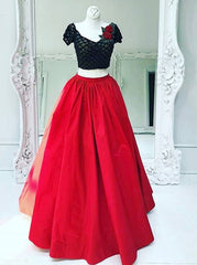 Flower Short Sleeves Two Piece V-Neck Red Taffeta Prom Dress