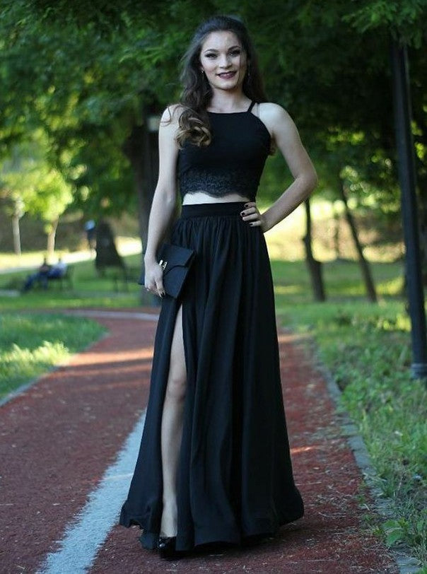Two Piece Spaghetti Straps Long Black Slit Prom Dress