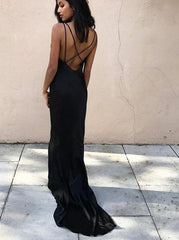 Criss-Cross Black Elastic Satin Sheath V-Neck Prom Dress