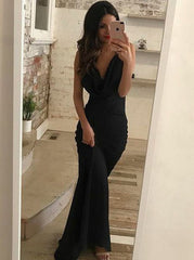 Criss-Cross Black Elastic Satin Sheath V-Neck Prom Dress