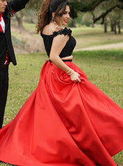Beading Flowers Two Piece Off-the-Shoulder Red Prom Dress