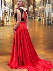Two Piece Floral Red Elastic Satin Lace Appliques Prom Dress