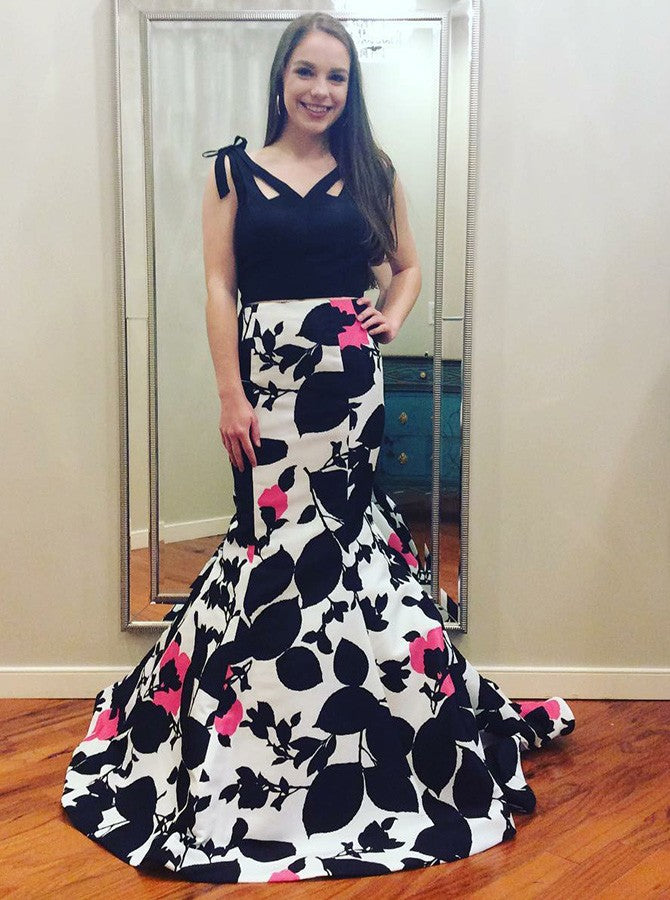 Two Piece Mermaid V-Neck Black Floral Satin Prom Dress