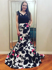 Two Piece Mermaid V-Neck Black Floral Satin Prom Dress