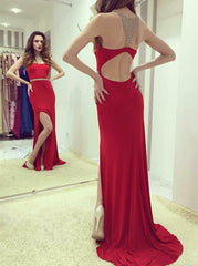 Beading Split Red Spandex Sheath Open Back Prom Dress
