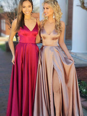 Split V-Neck Blue Elastic Satin Prom Dress