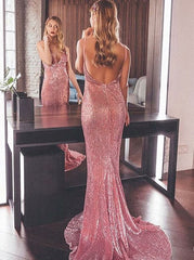 Backless Sliver Mermaid Spaghetti Straps Sequined Prom Dress