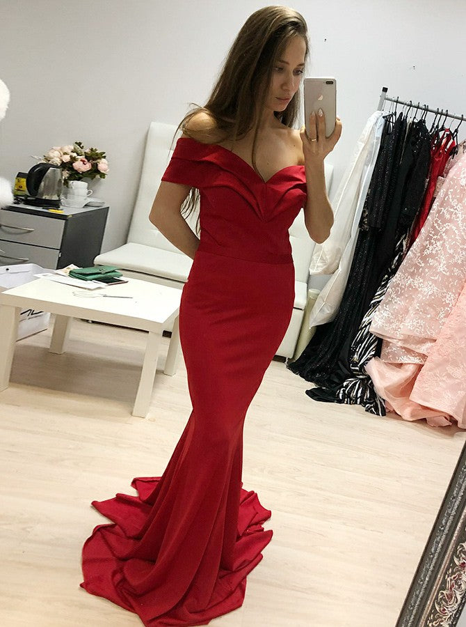 Mermaid Off-the-Shoulder Long Red Satin Prom Dress