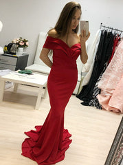 Mermaid Off-the-Shoulder Long Red Satin Prom Dress