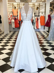 A-Line V-Neck Appliques Pockets Black Stain Prom Dress