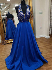 A-Line V-Neck Appliques Pockets Black Stain Prom Dress