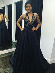 A-Line V-Neck Appliques Pockets Black Stain Prom Dress