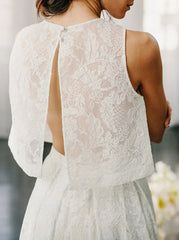 Two Piece Crew  Open Back Ivory Lace Wedding Dress
