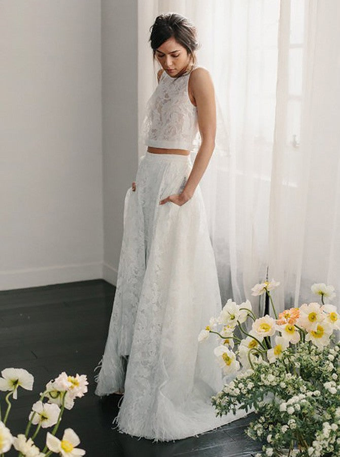 Two Piece Crew  Open Back Ivory Lace Wedding Dress